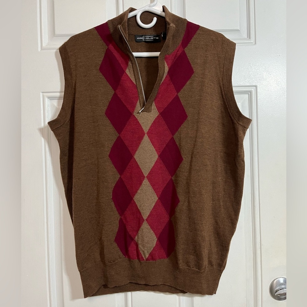 Carnoustie Mens L Merino Wool Sweater Vest Argyle Quarter Zip Golf Brown Red